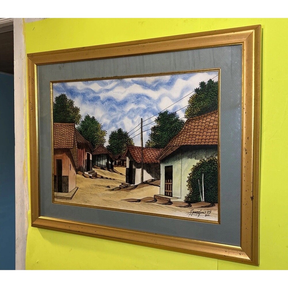 Vintage Latin American Folk Art Painting Signed Village 18"X13" In Larger Frame!